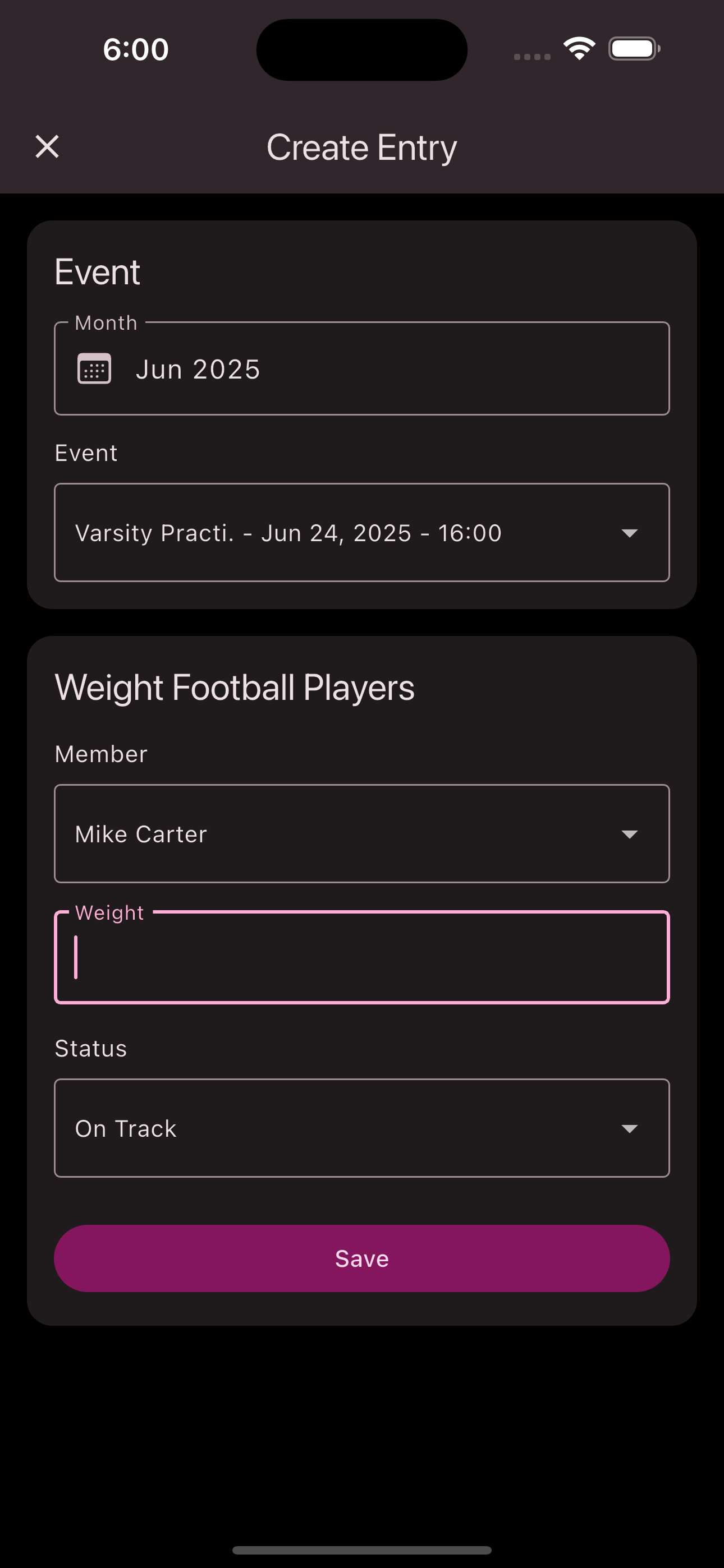 Record entry input form