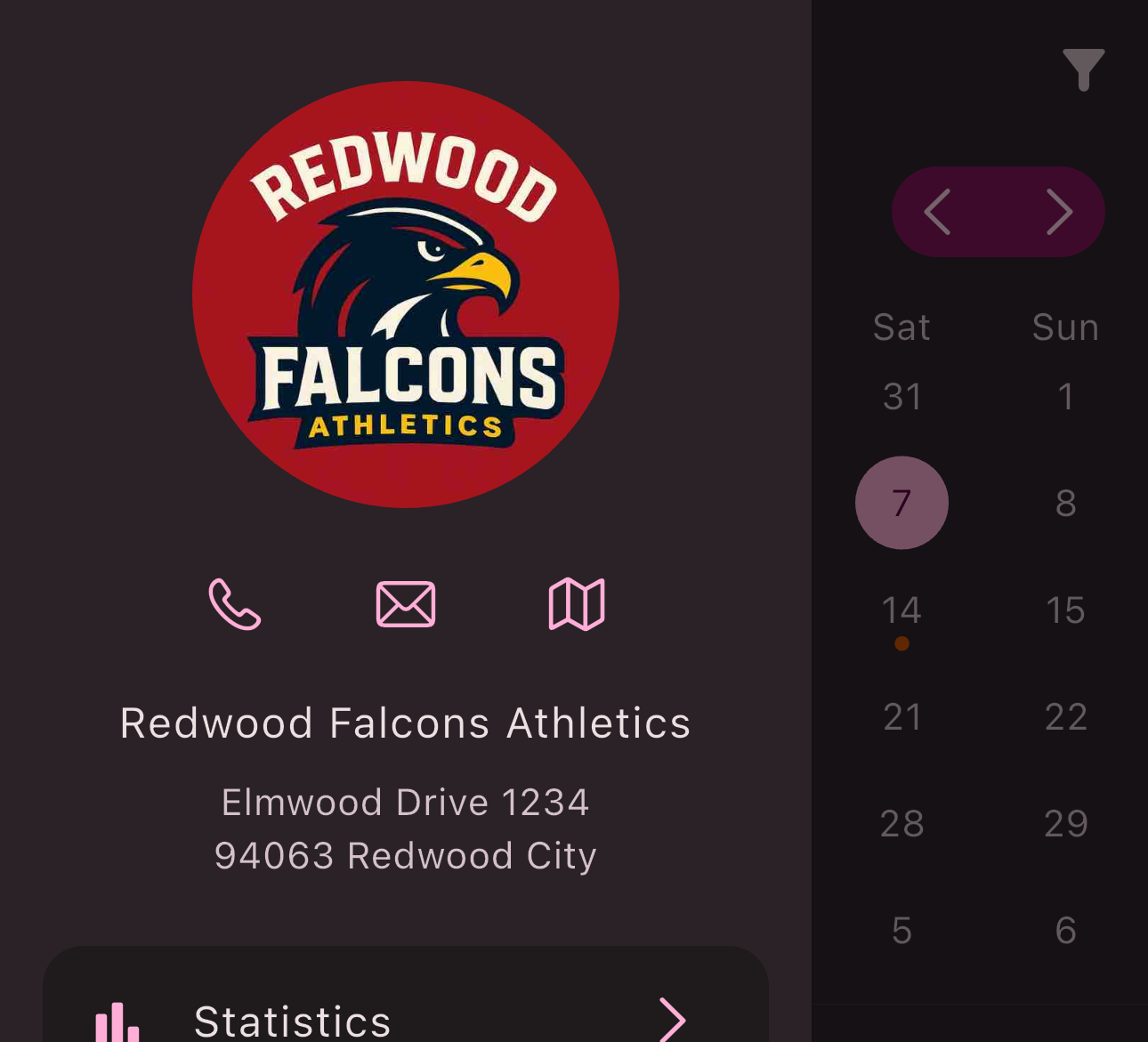 Club information in the side menu